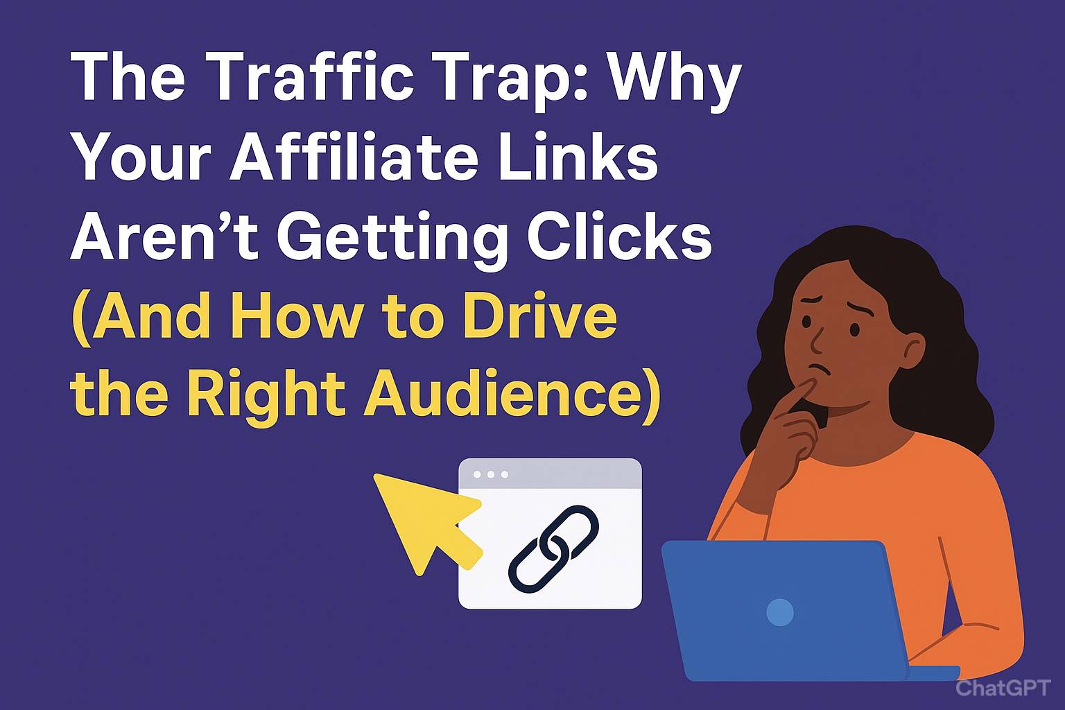 Illustration of a person thinking while using a laptop, with text that reads: 'The Traffic Trap: Why Your Affiliate Links Aren’t Getting Clicks (And How to Drive the Right Audience)'