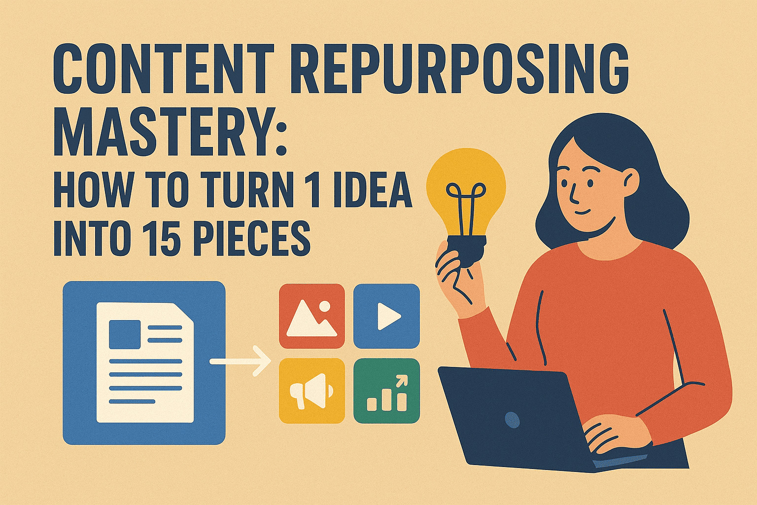 Flat-style illustration of a woman holding a glowing lightbulb while using a laptop, surrounded by icons of documents, videos, and social media posts, with bold text reading 'Content Repurposing Mastery: How to Turn 1 Idea into 15 Pieces' on a beige background.